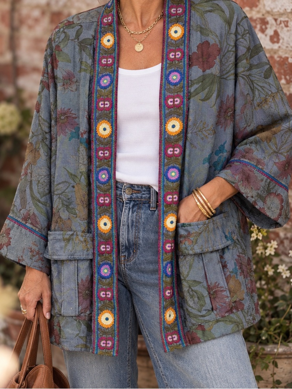 Johnny Was Embroidered floral print cardigan. Boho, casual, light weight, luxury